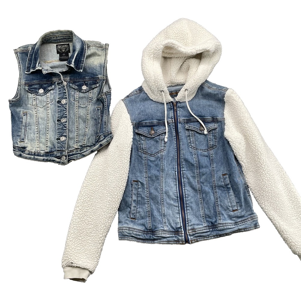 Maurices Love Denim Jacket Vest Lot of 2 Women's Small Sherpa Sleeve Y2k Western